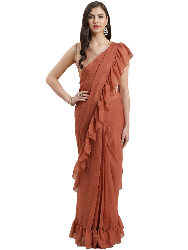 Rust Brown Woven Design Ruffled Ready to Wear Saree Set