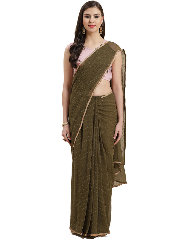 Olive Green Pleated Woven Design ready to wear Saree