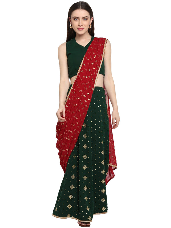 Women's Dark Greem Georgette Printed Ready To Wear Saree  - Ahalyaa