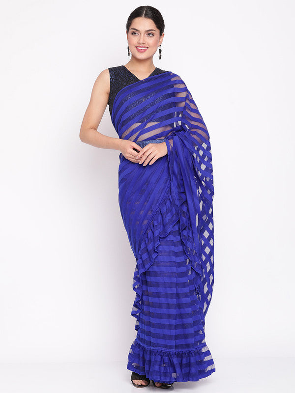 Women's Blue & Black Striped Net Ready To Wear Saree Set - Ahalyaa