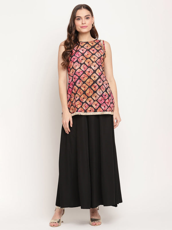 Women's Black Crepe Digital Shibori Print Top Palazzo Set- Ahalyaa