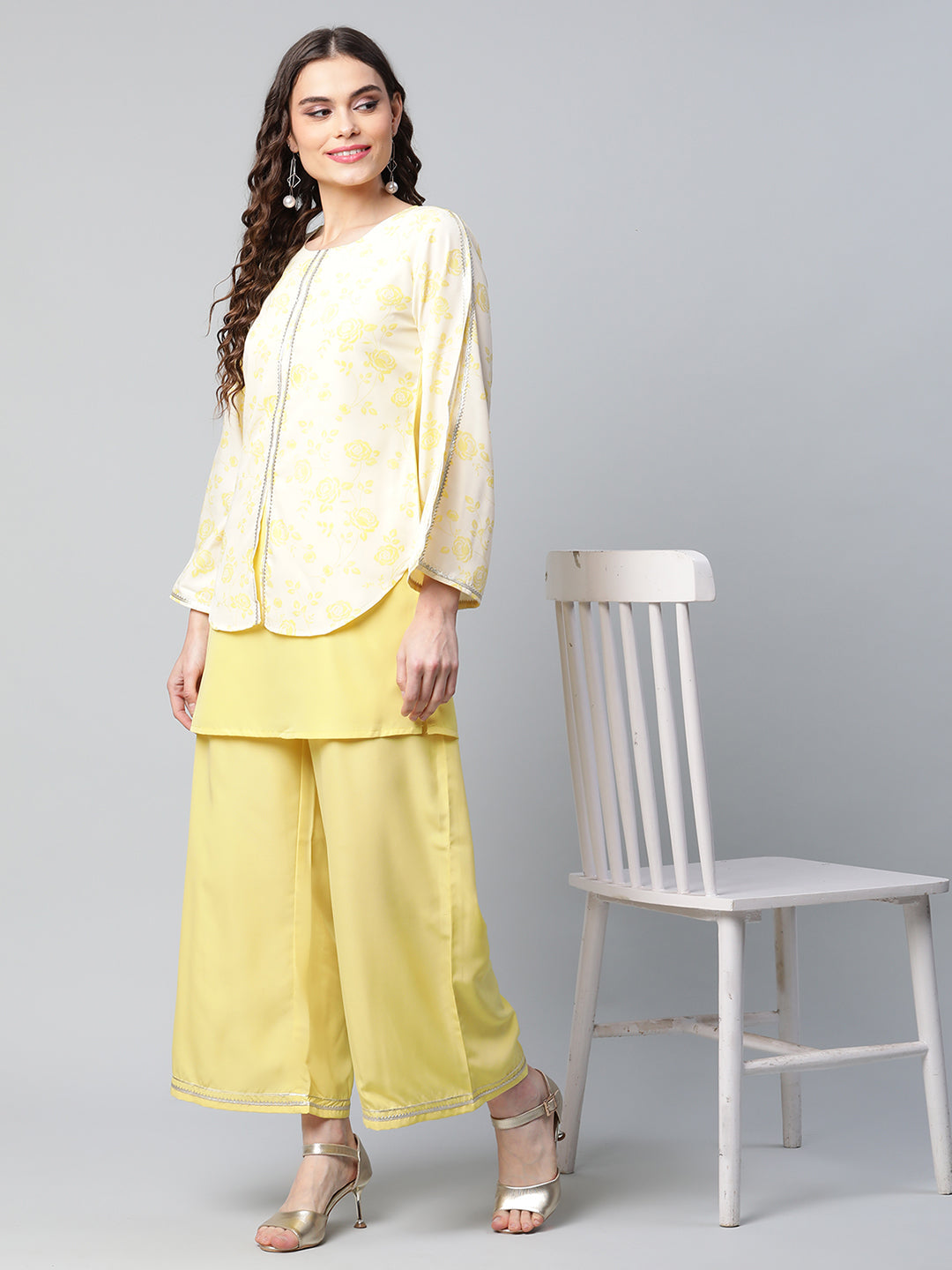 Women's Yellow Crepe Printed Top Palazzo Set - Ahalyaa