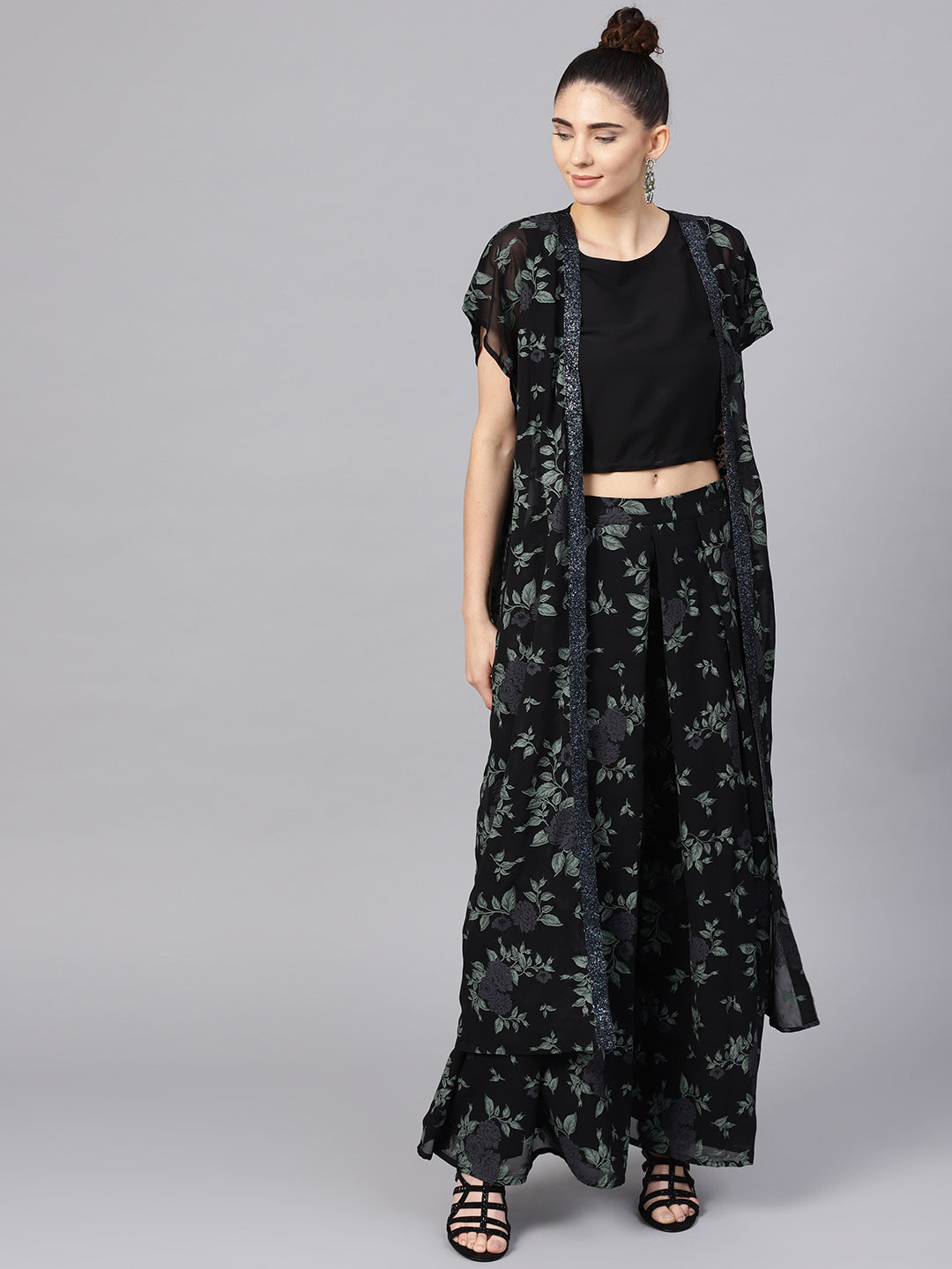 Women's Black Georgette Crepe Printed Top Palazzo Set With Jacket - Ahalyaa