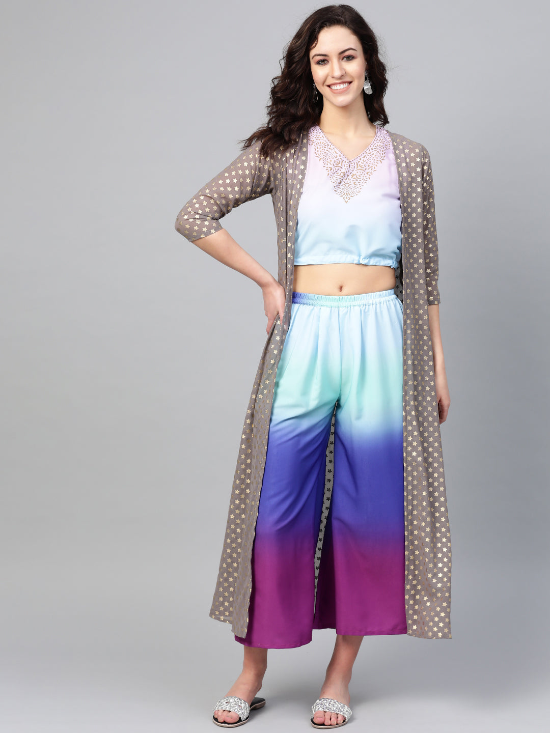 Women's Blue & Charcoal Grey Ombre Print Kurta With Palazzos & Ethnic Jacket - Ahalyaa