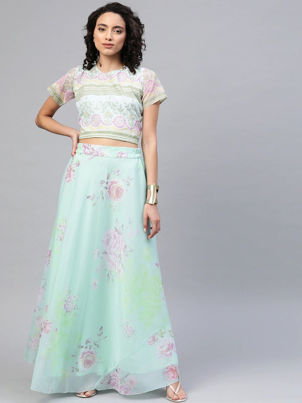 Women's Mint Green Oraganza  Printed Lehenga Choli- Ahalyaa