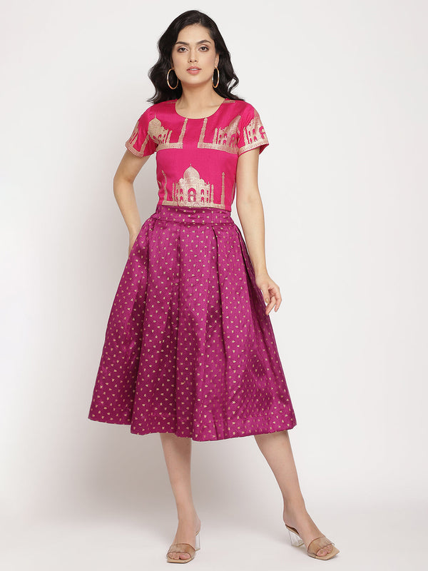 Women's Pink Poly Silk Gold Foil Print Top With Skirt Set - Ahalyaa