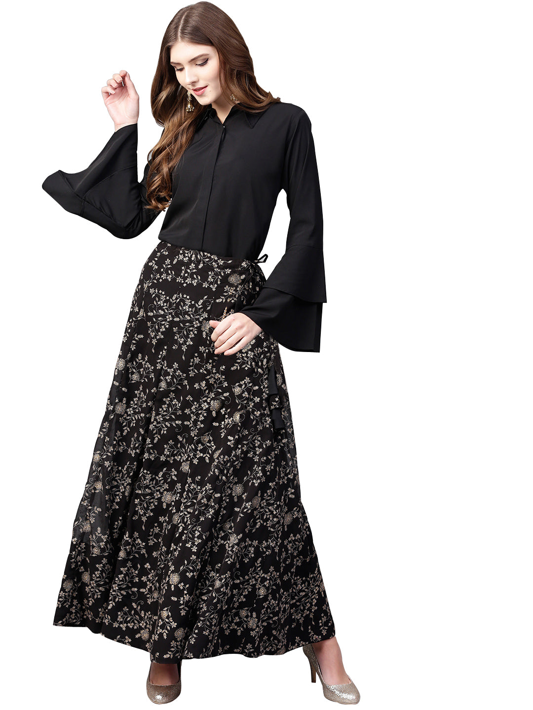 Women's Indowestern Black Shirt With Skirt Set - Ahalyaa