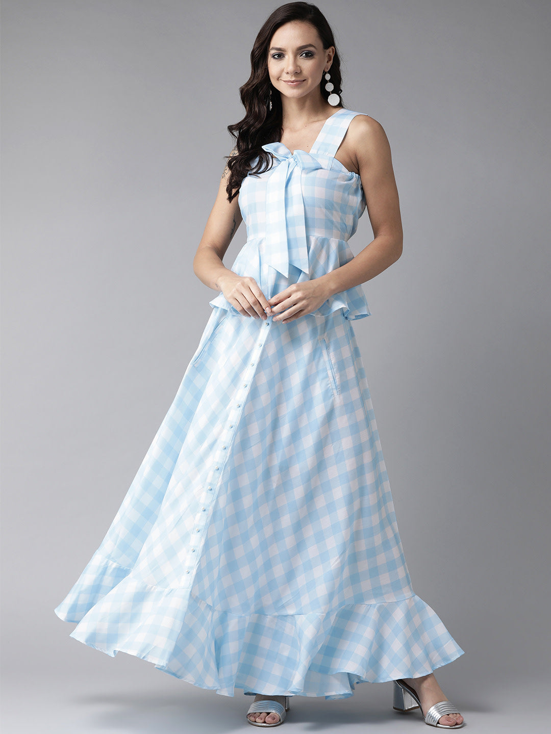 Women's Rayon Sky Blue Digital Checkered Print Top Skirt Set - Ahalyaa