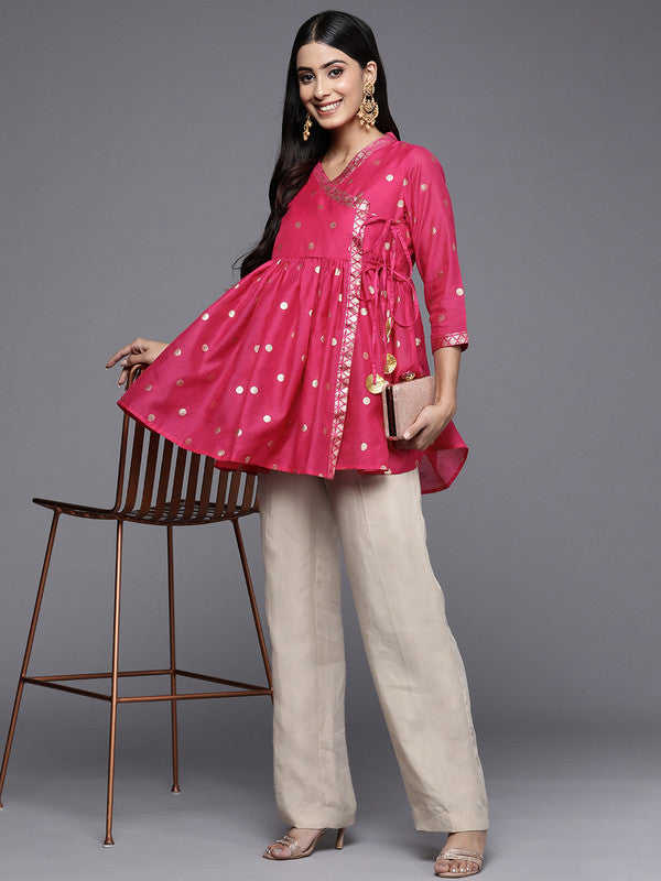 Women's Womens Pink Chanderi Printed Angrakha Style Tunic - Ahalyaa