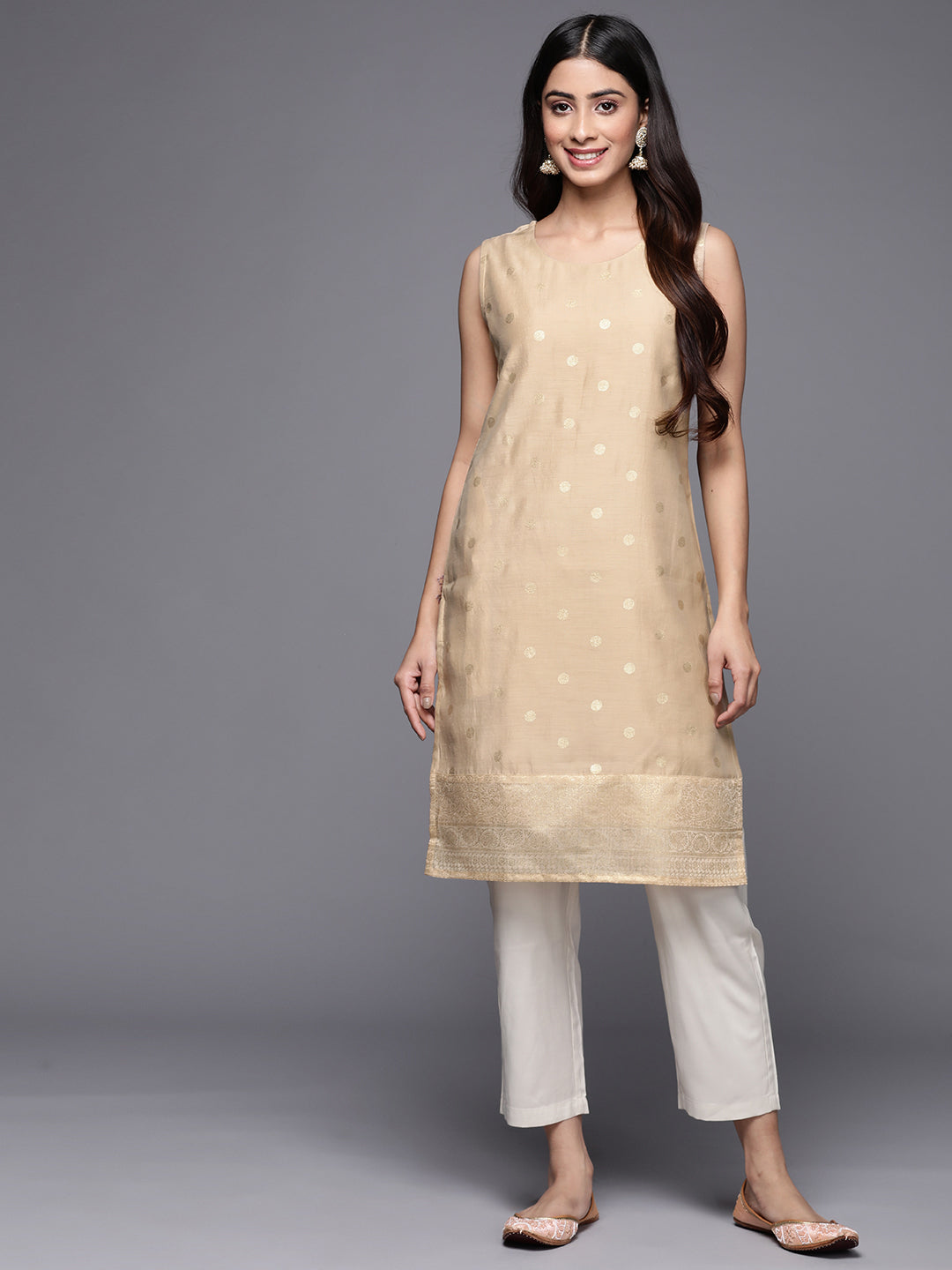 Women's Tan Chanderi Printed Tunic - Ahalyaa