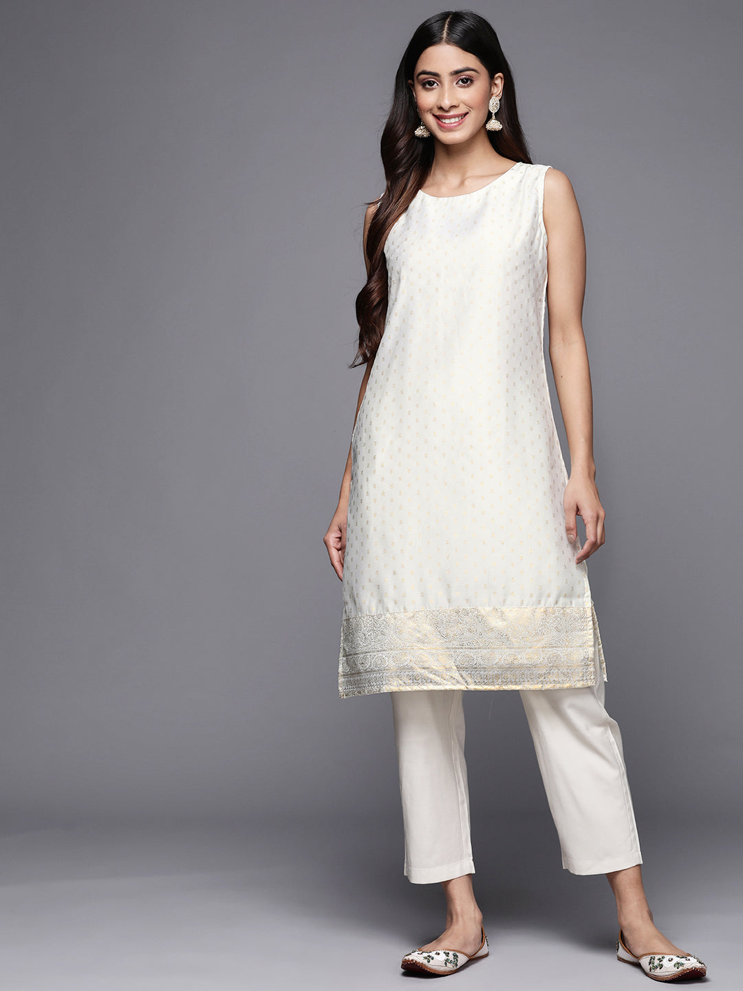 Women's Off White Chanderi Printed Tunic - Ahalyaa