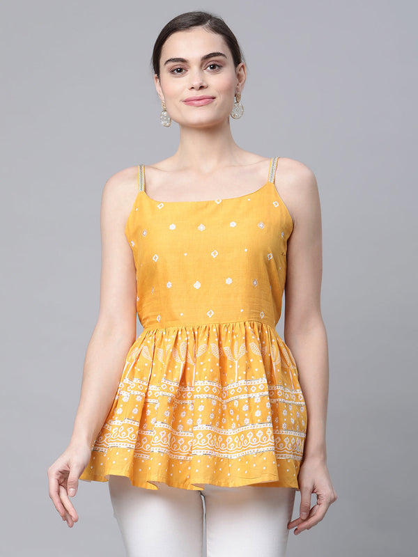 Women's Mustard Cotton Porcian Print Shoulder Straps Tunic - Ahalyaa