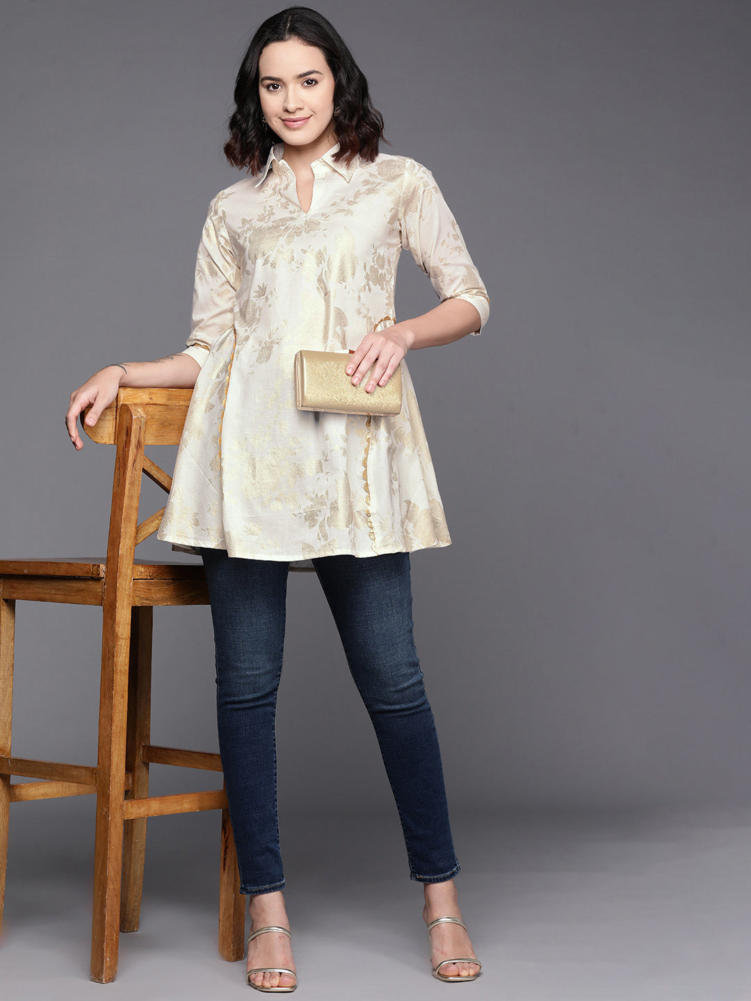 Women's Floral Printed Shirt Collar Cotton Tunic With Lace Inserts Detail - Ahalyaa