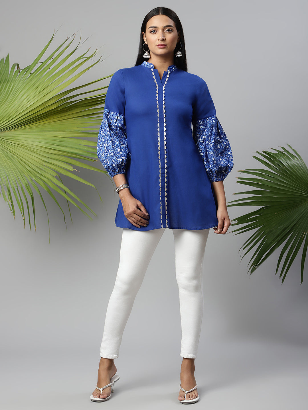 Women's Blue Pure Cotton Printed Tunic - Ahalyaa