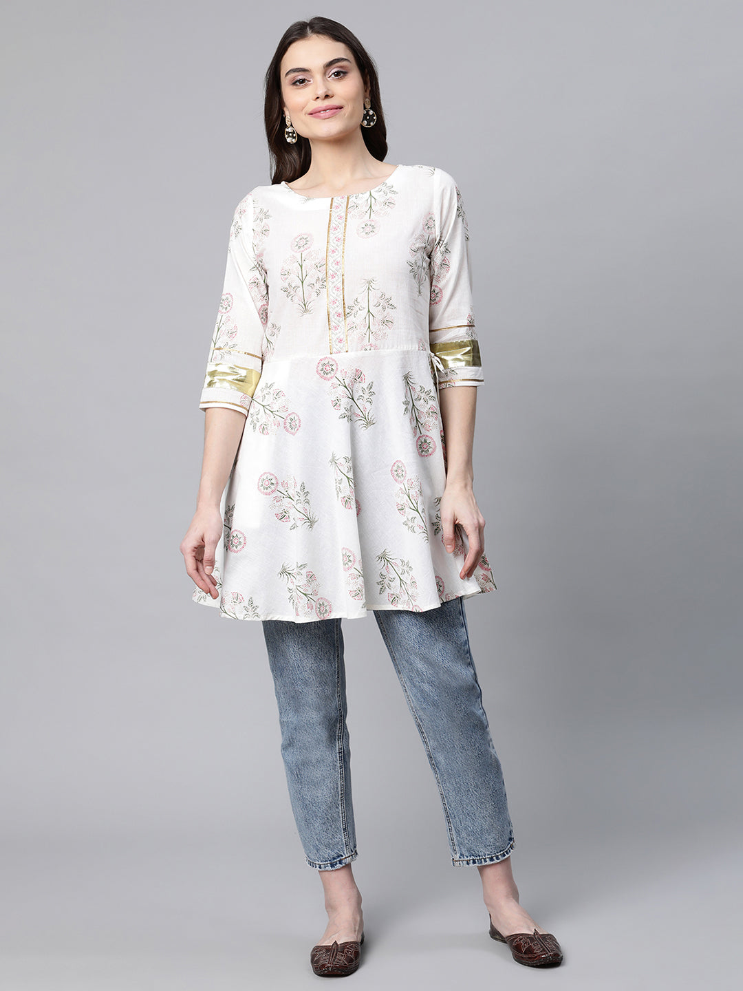 Women's Off White Pure Cotton Floral Printed Tunic - Ahalyaa