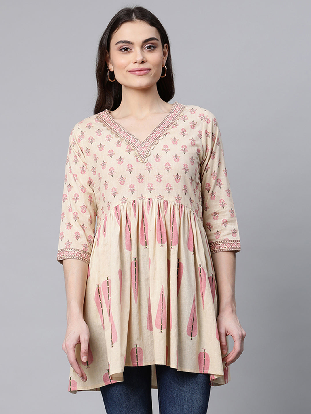 Women's Beige Pure Cotton Printed Tunic - Ahalyaa