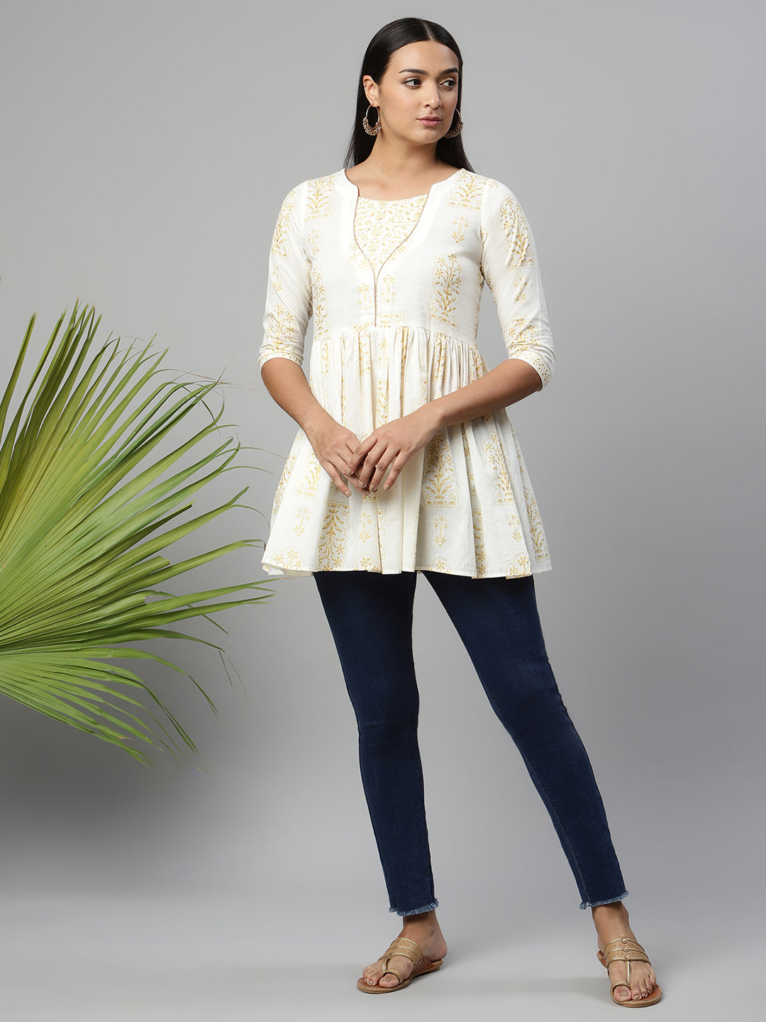 Women's Off White Pure Cotton Printed Tunic - Ahalyaa