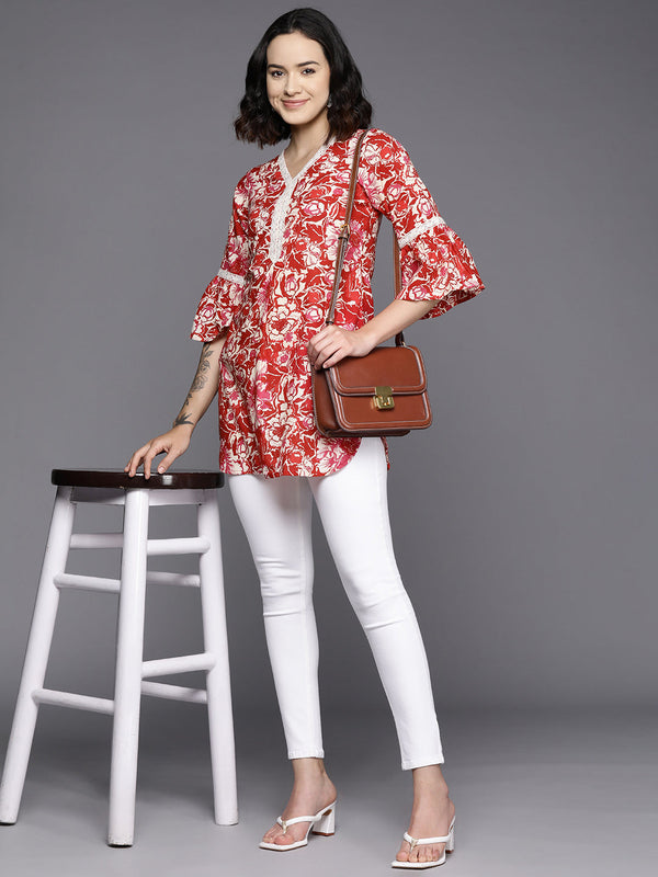 Jashvi Floral Printed Bell Sleeves Tunic With Lace Inserts