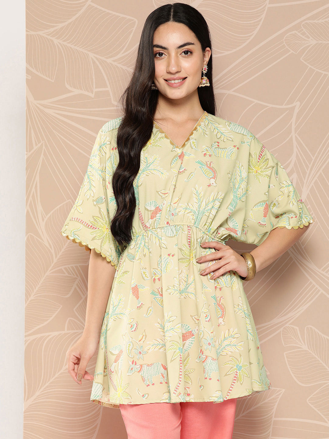 Women's Gathered Conversational Printed Tunic - Ahalyaa