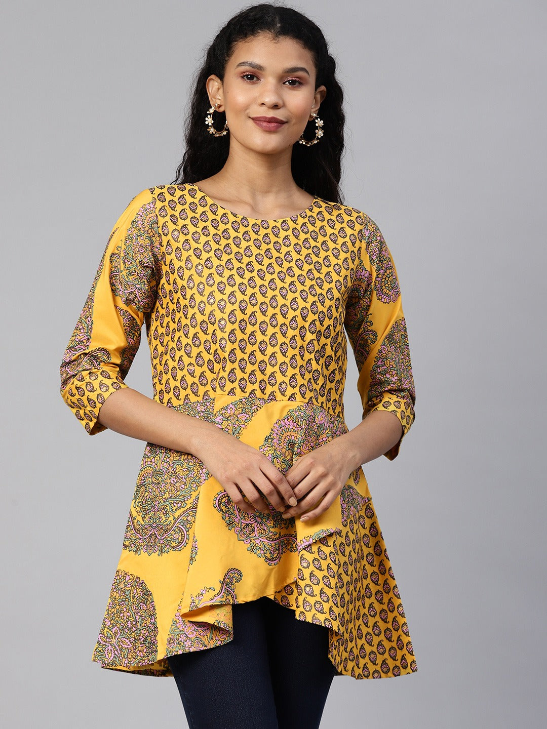 Women's Mustard Crepe Gold Print Tunic - Ahalyaa