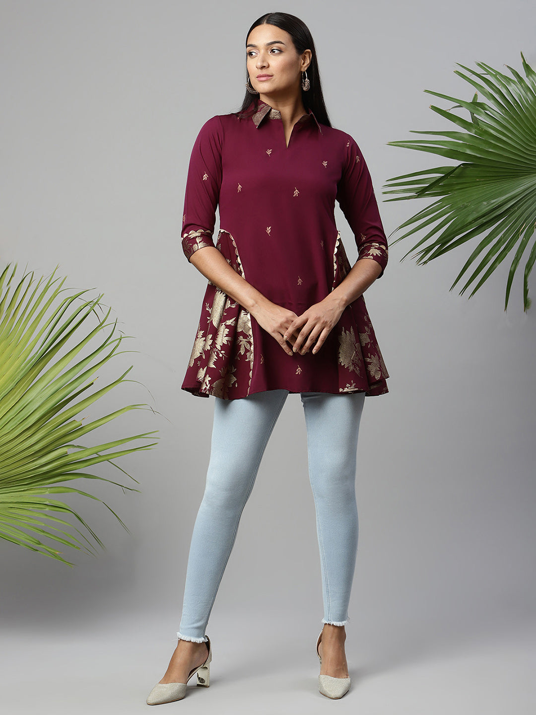 Women's Wine Crepe Printed Tunic - Ahalyaa