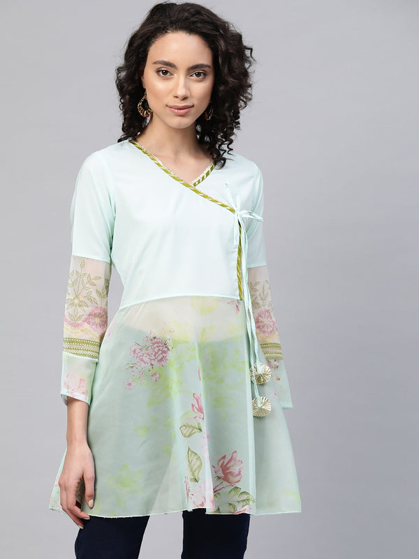 Women's Sea Green Crepe & Organza Pink Floral Print Semi-Sheer Angrakha Tunic- Ahalyaa