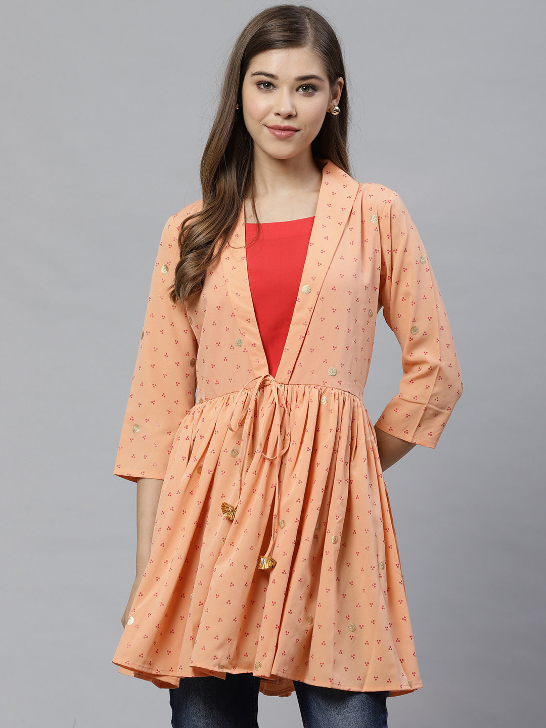 Women's Orange Crepe Foil Print Tunic With Crop Top - Ahalyaa