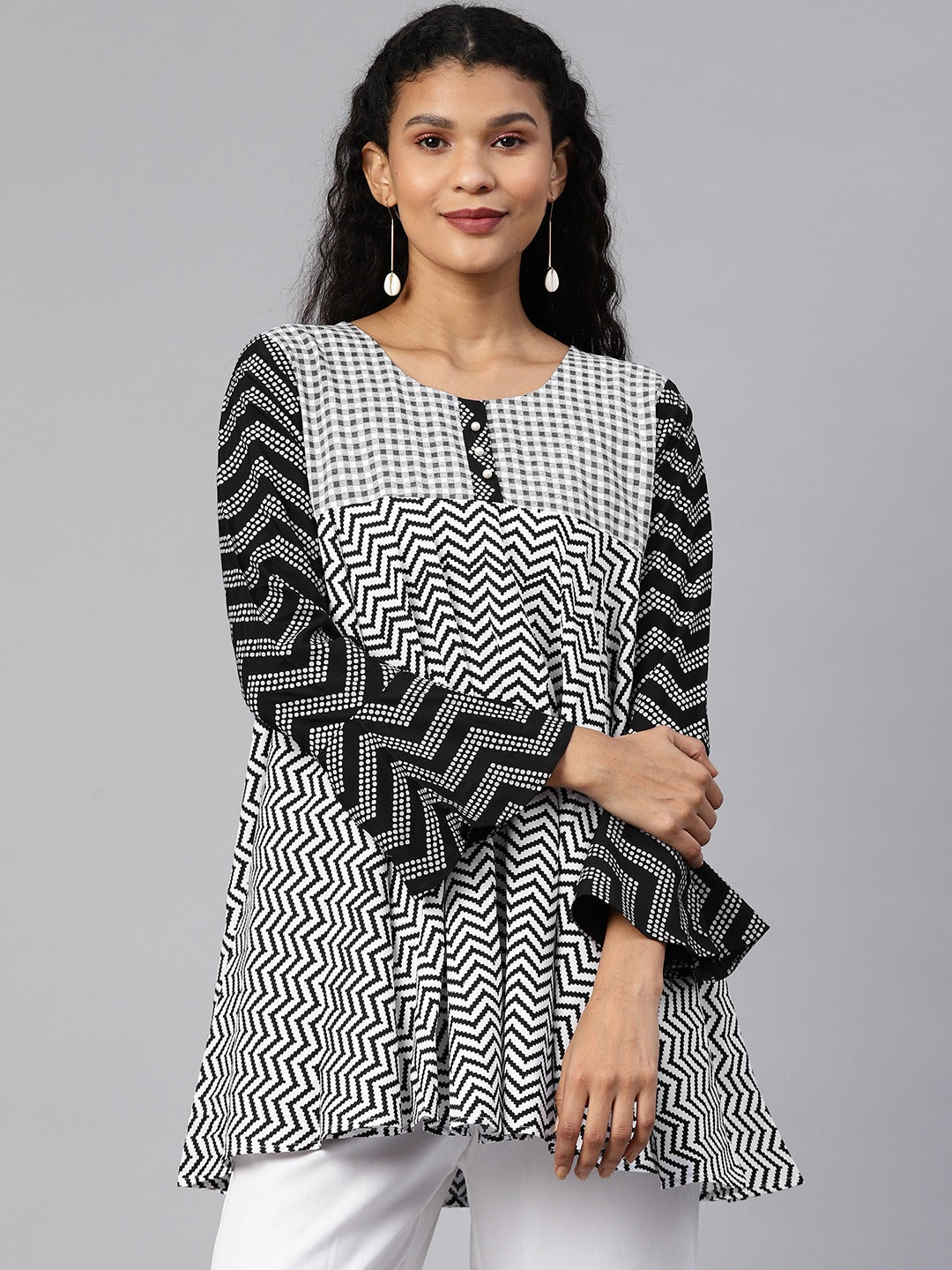 Women's Black Crepe Khadi Print Tunic - Ahalyaa