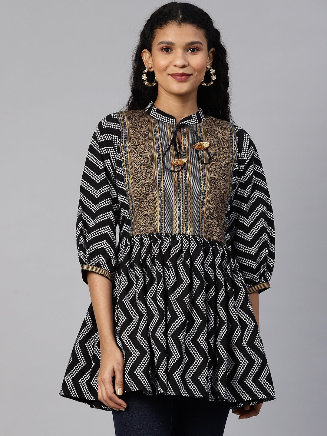 Women's Black Crepe Khadi Print Tunic - Ahalyaa