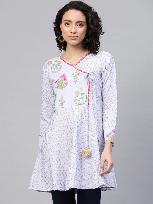 Women's Blue Crepe Pink & Gold Ethnic Print Angrakha Tunic- Ahalyaa