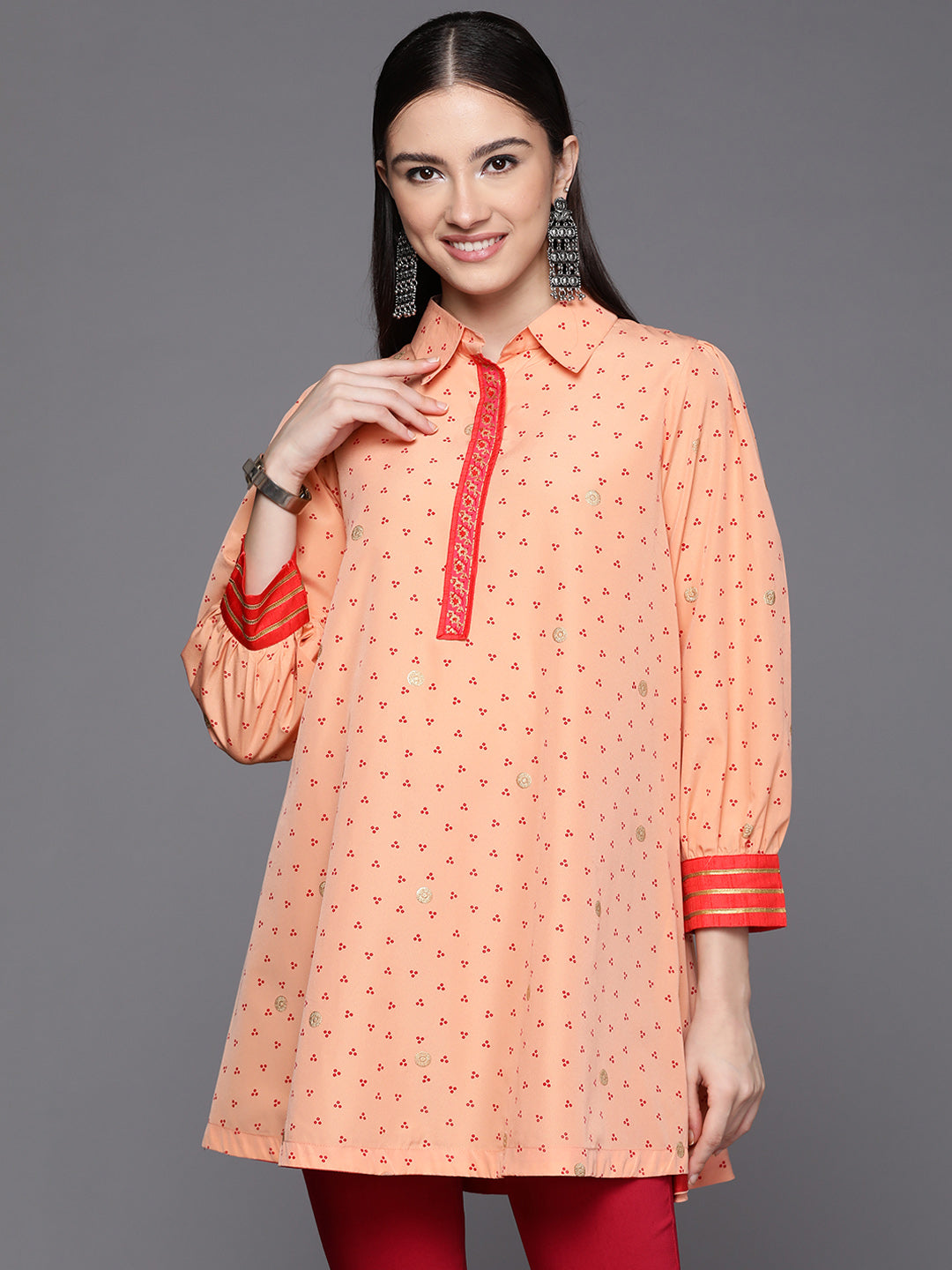 Women's Peach Crepe Printed Tunic - Ahalyaa