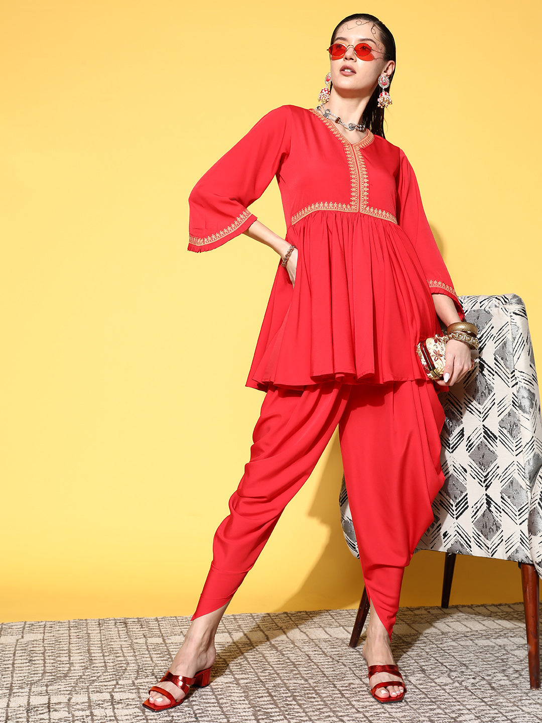 Women's Red Poly Crepe Top Dhoti Pants Set - Ahalyaa