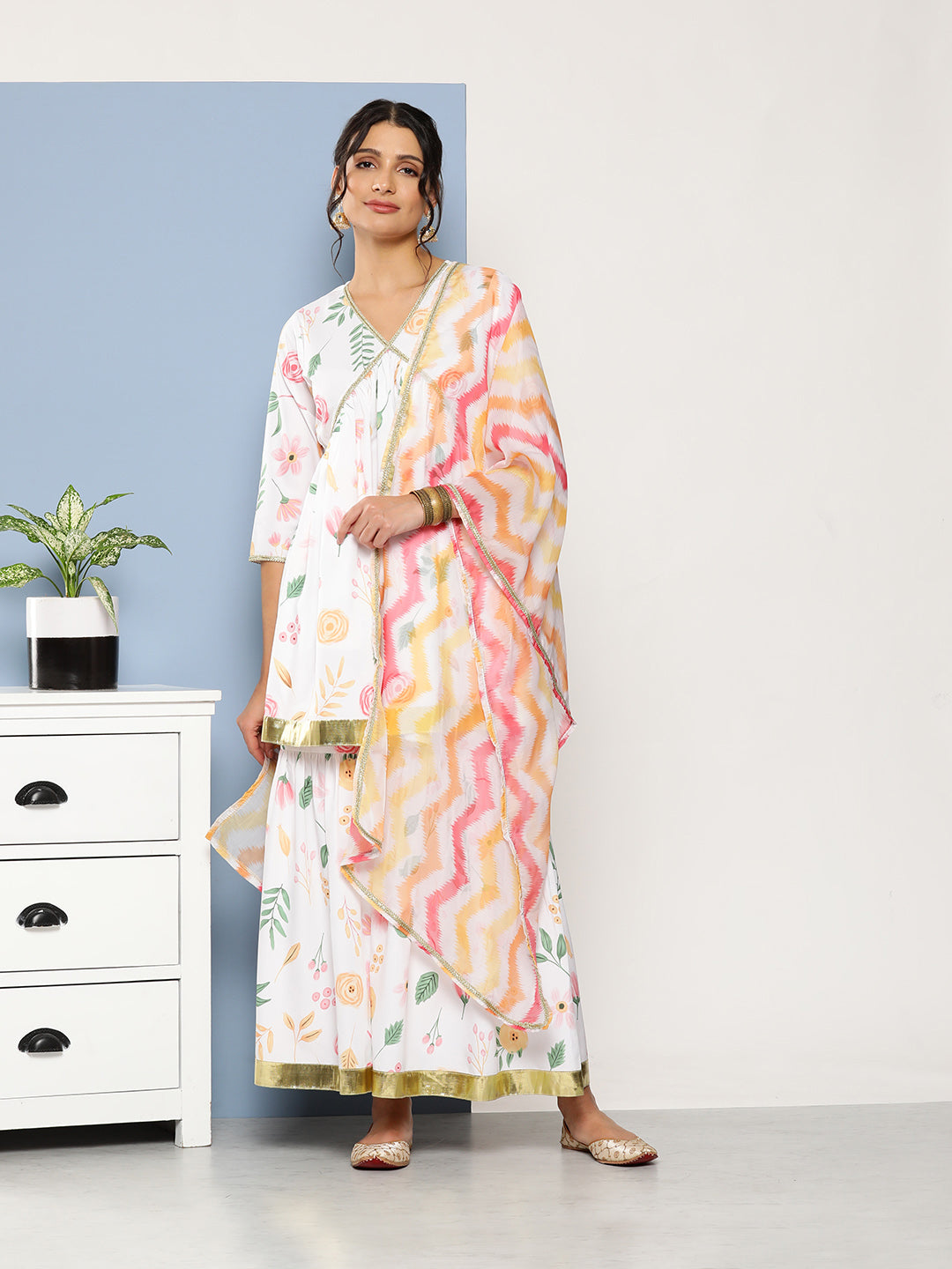 Women's White Poly Crepe Kurta Sharara Set With Dupatta - Ahalyaa