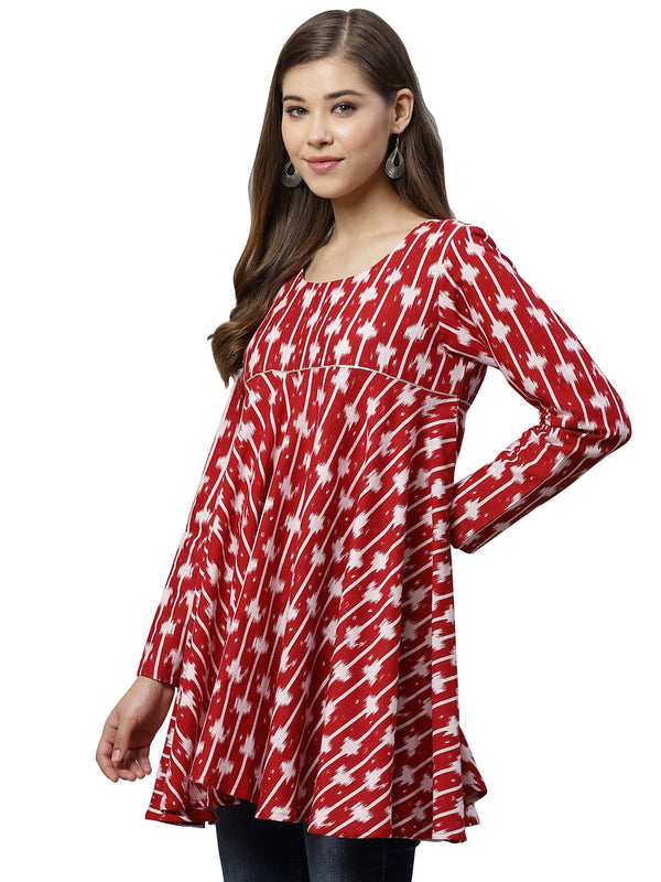 Women's Red Cotton Wax Printed Tunic- Ahalyaa