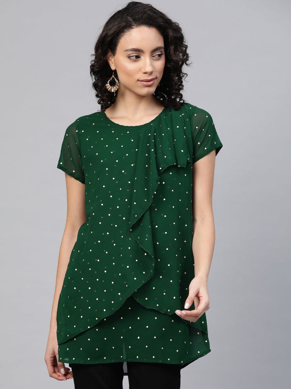 Women's Green Georgette Golden Polka Dots Print Layered Tunic- Ahalyaa