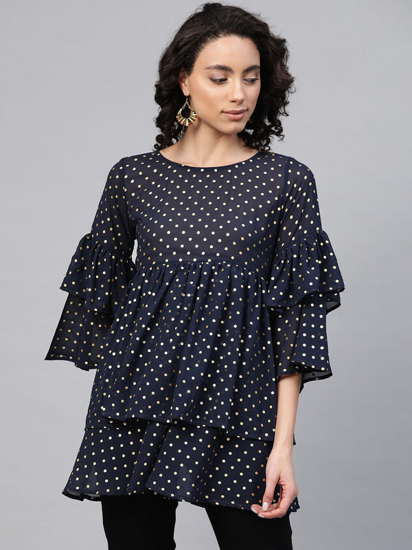 Women's Navy Blue Georgette Golden Polka Dots Print Tiered Tunic- Ahalyaa