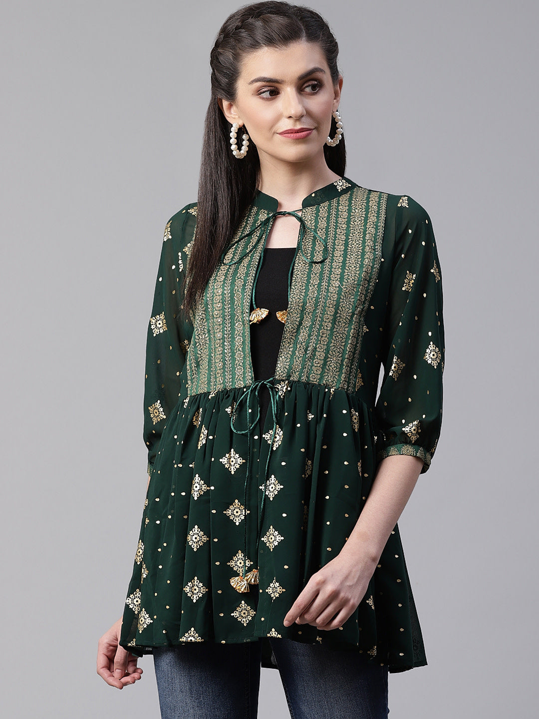 Women's Dark Green Georgette Gold Print Tunic - Ahalyaa