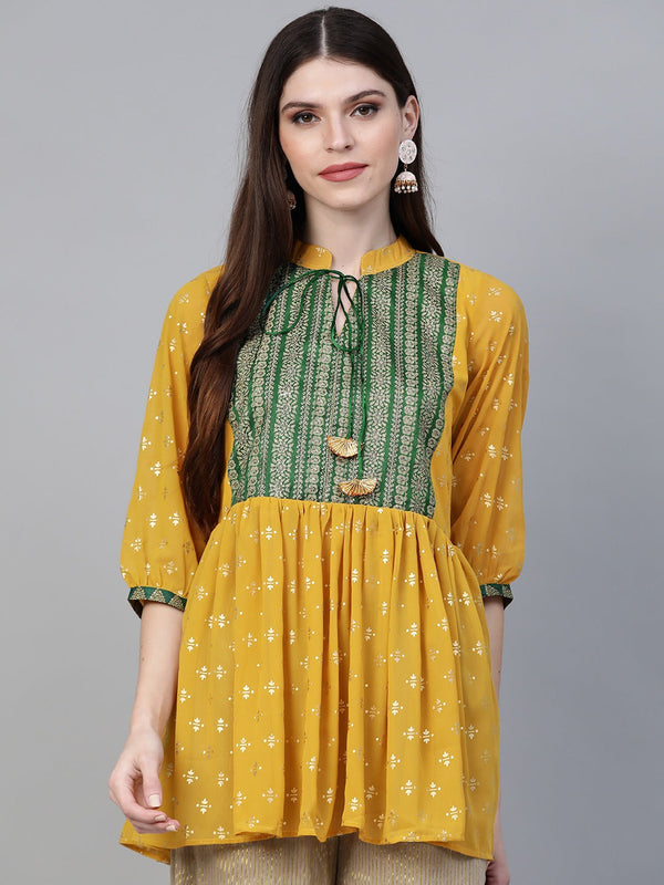 Women's Mustard Georgette Glitter Print Western Tunic- Ahalyaa