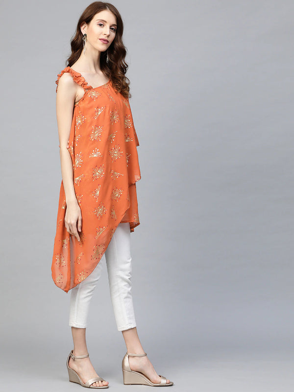 Women's Rust Orange & Golden Printed One Sleeve Asymmetric Layered Tunic- Ahalyaa