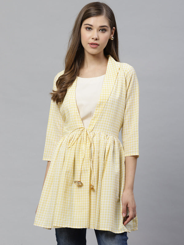 Yellow & White Checked Waist Tie-Up Tunic