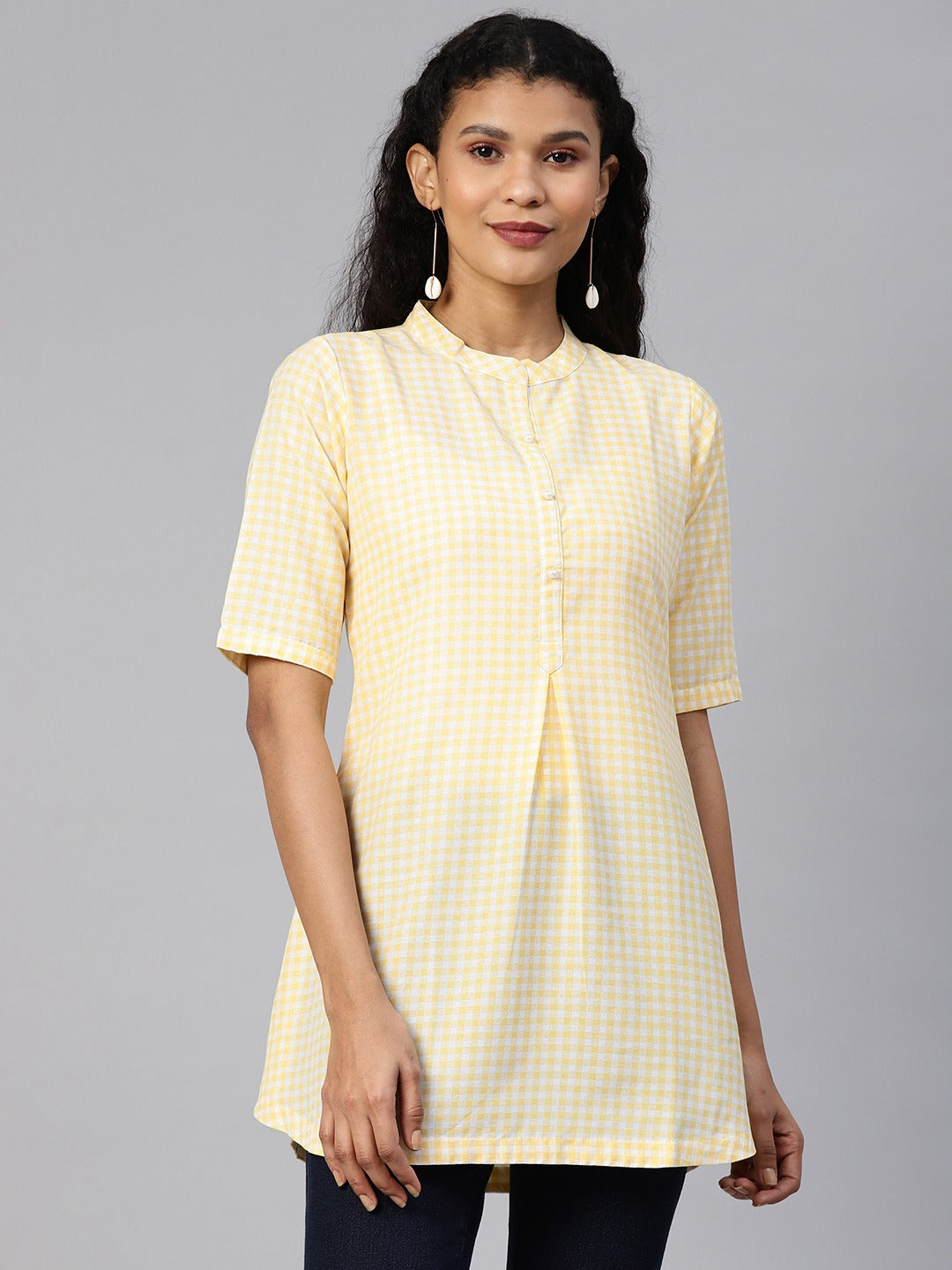 Women's Yellow Muslin Digital Print Checks Tunic - Ahalyaa