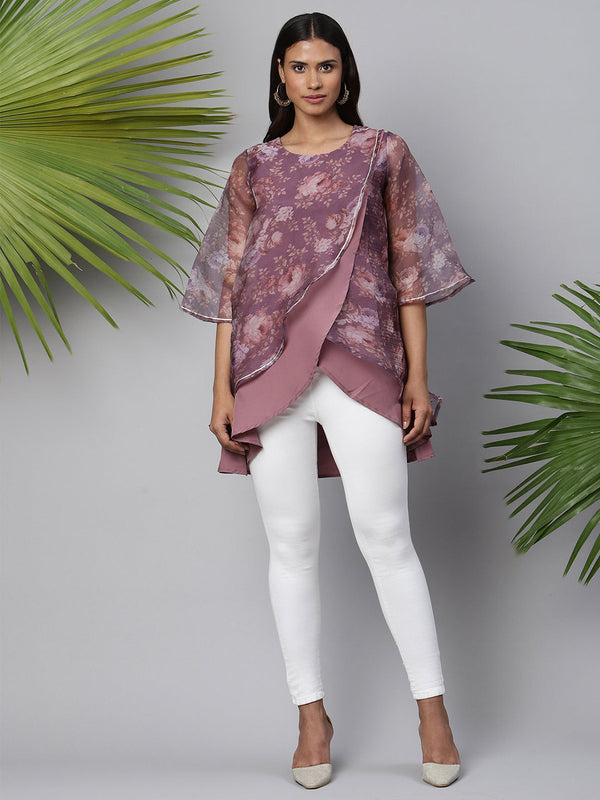 Women's Mauve Organza Digital Printed Tunic - Ahalyaa