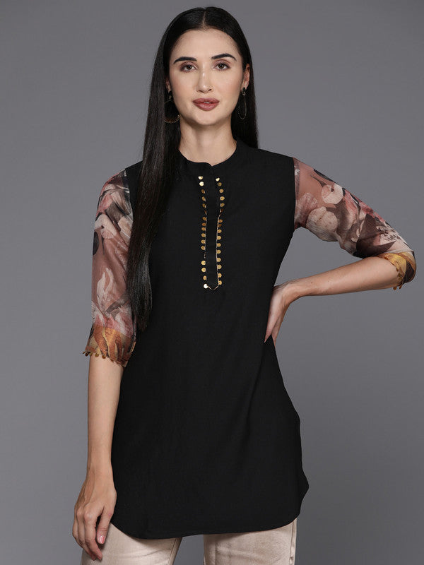 Women's Mandarin Collar Printed Sequinned Tunic - Ahalyaa