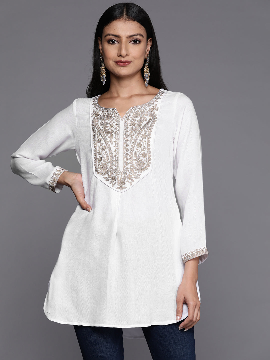 Women's White Faux Pashmina Embroidered Tunic - Ahalyaa