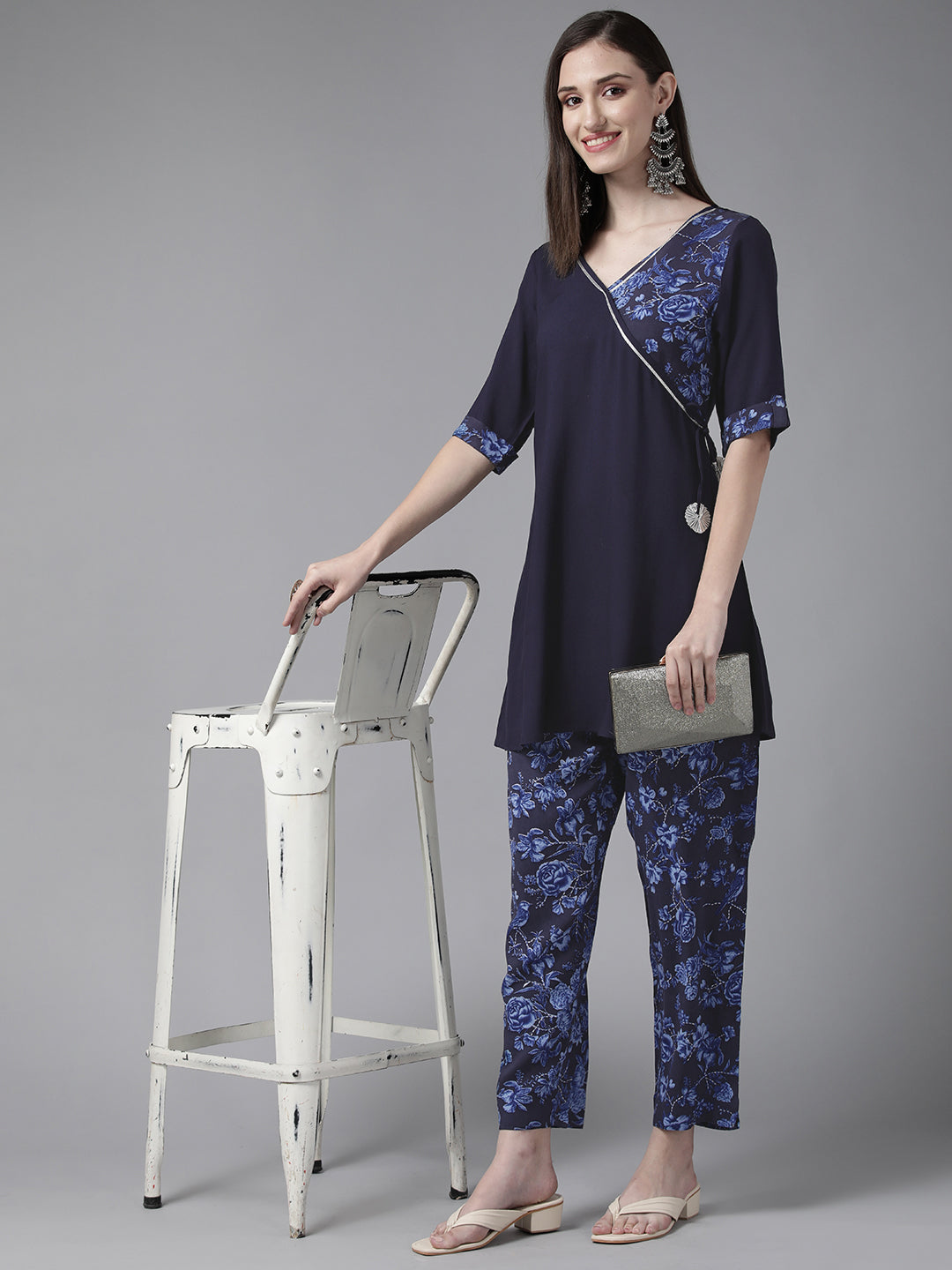 Women's Navy Blue Rayon Wax Printed Angrakha Gotta Patti Tunic With Trousers - Ahalyaa