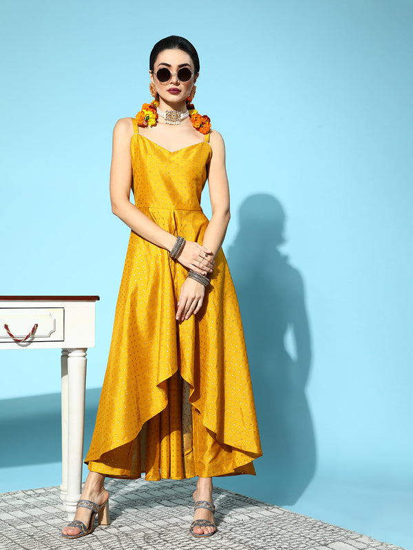 Mustard & Gold-Toned Printed Poly Silk Kurta With Trousers