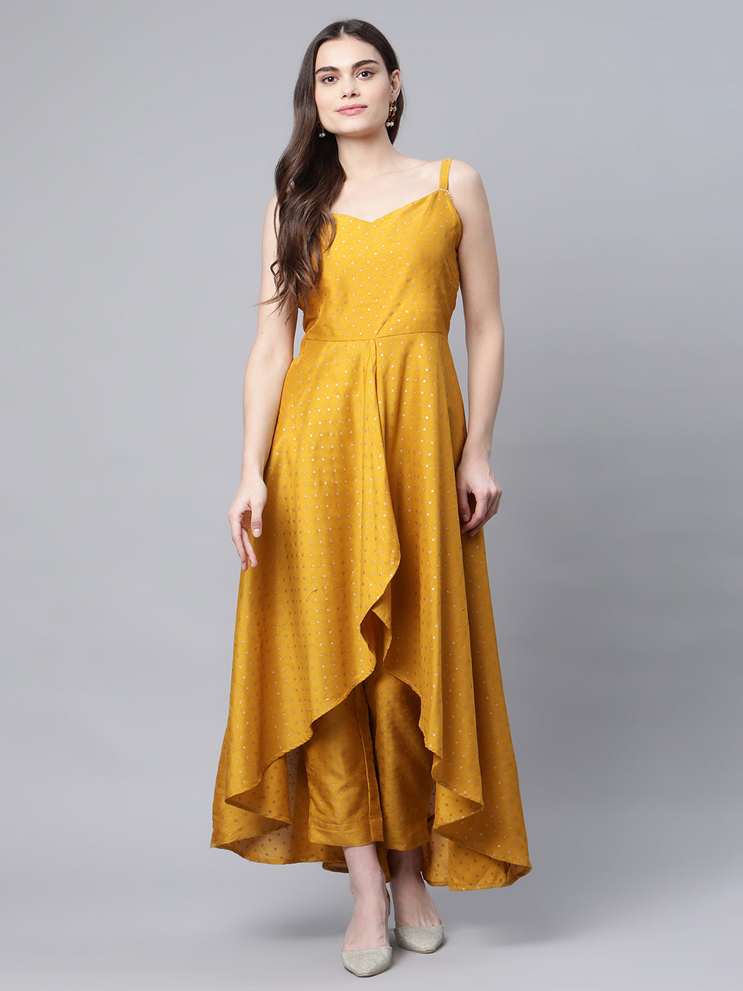 Women's Mustard Yellow Silk Kurta With Trousers By Ahalyaa (2Pcs Set)