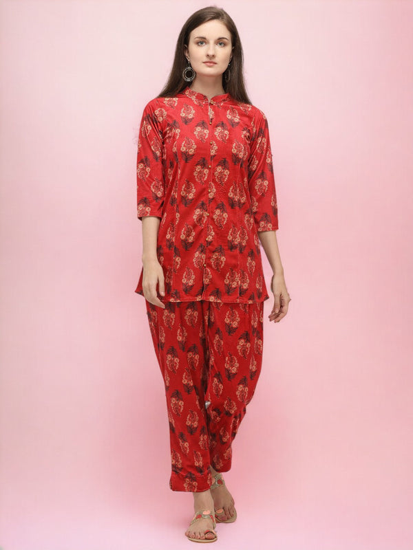 Red Printed Velvet Kurti with Pyjamas