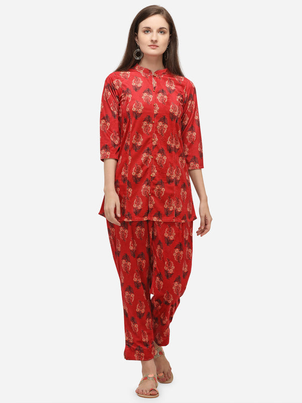 Women's Digital Print Red Velvet Kurta With Pant- Ahalyaa