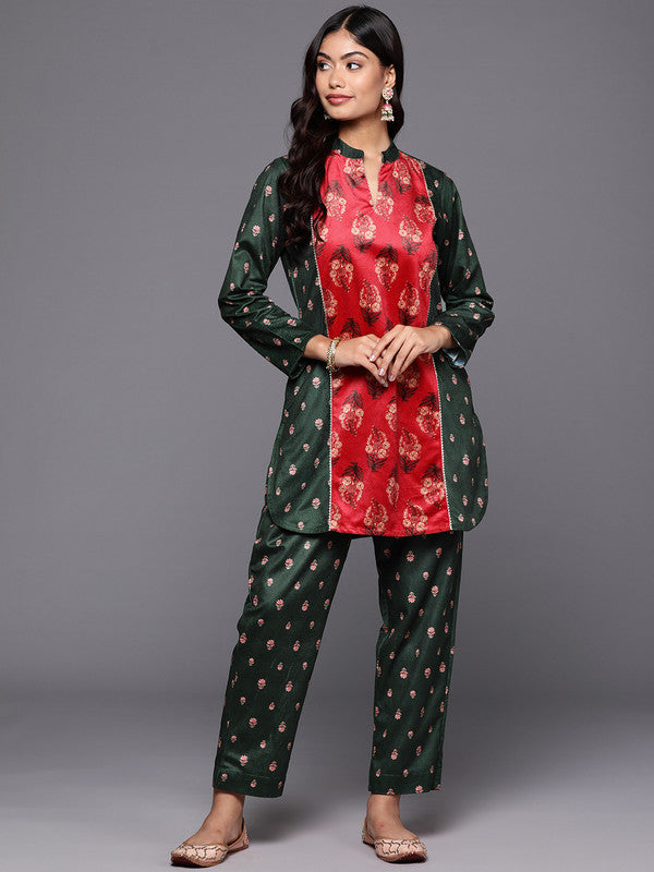 Women's Printed Velvet Tunic With Trousers With Gotta Patti Detail - Ahalyaa